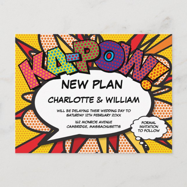 Datumändring Försenad Modern Rolig Tecknad Serie Meddelande Vykort (Framsida)