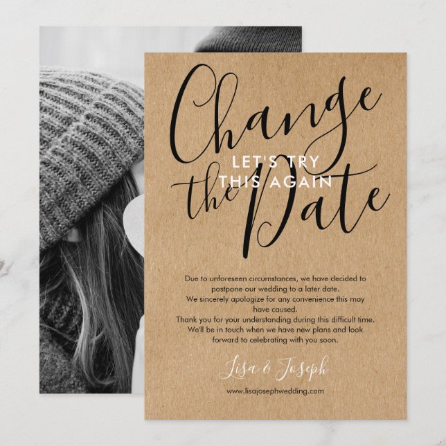 Datumändring Uppgiven Inställd Rustik Foto Inbjudningar (Fram/baksida)