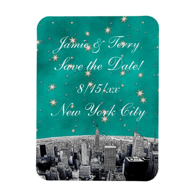 Datumbesparing för NYC Skyline 2 Teal Guld Star Magnet (Vertikal)