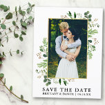 Datumdatum för Eucalyptus-fotosparande av vattenfä Vykort<br><div class="desc">Modern Watercolor Eucalyptus Greenery Ram sparar Förlovningen för meddelande efter fotografi - Guld Ram</div>