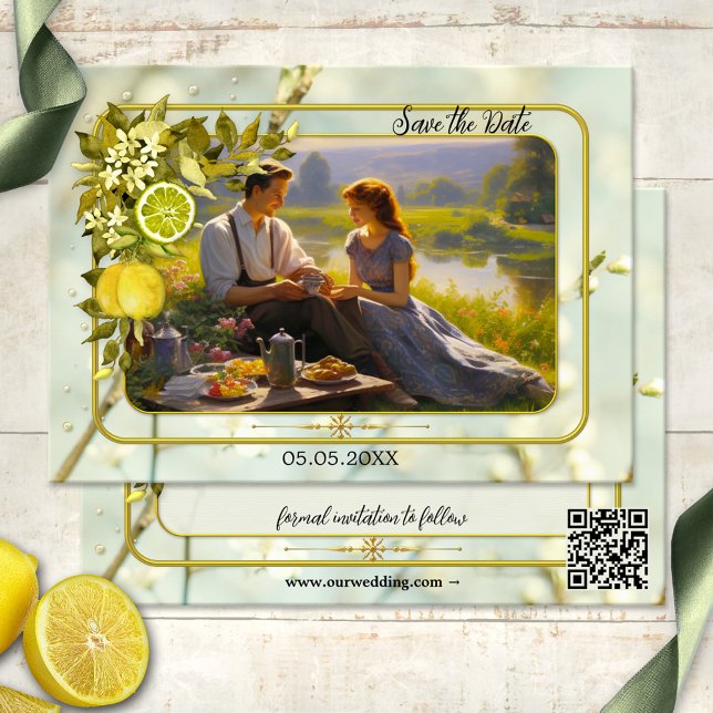 Datumkort för Lemon Orchard-fotot med vattenfärg Spara Datumet (Save the Date card featuring your photo framed by a watercolor citrus branch with leaves and flowers)