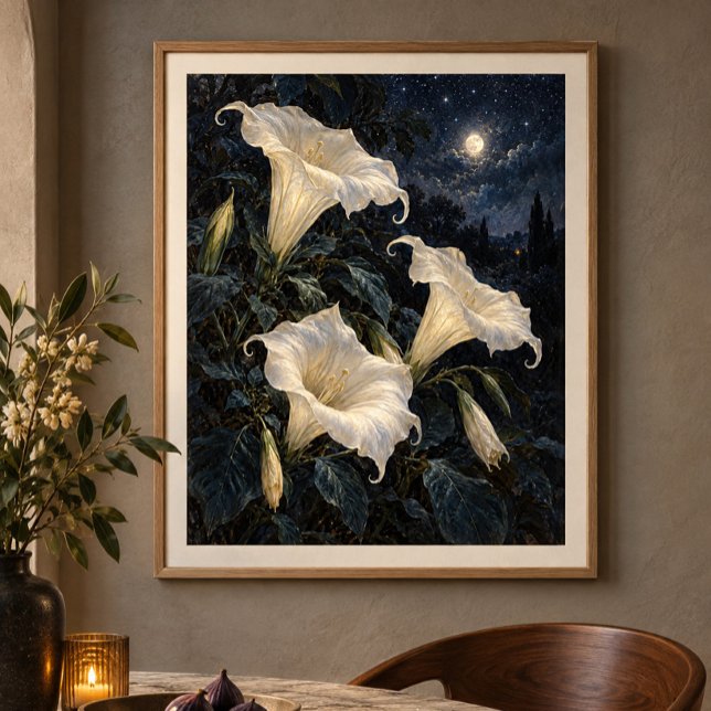 Datura under stjärnorna konsttryck poster (Styled display of Datura beneath the Stars Art Print. Frame, mat and furnishings shown for illustration; select framing options separately.)