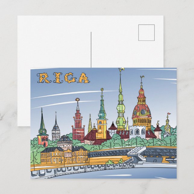 Daugava Riga Lettland Illustration Travel Vykort (Fram/baksida)