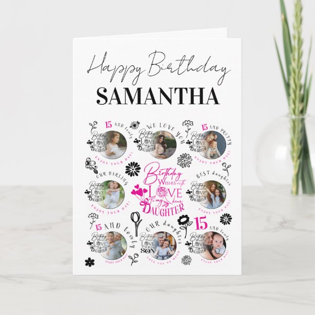 Daughter Birthday Photo Collage Typography  Kort (Framsida)