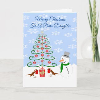 Daughter Christmas Card Snowman Tree And Robins Helgkort