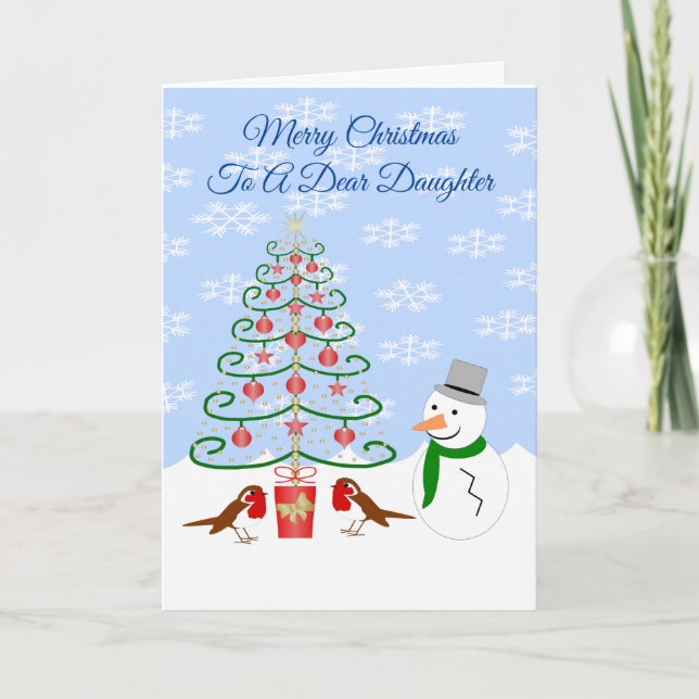 Daughter Christmas Card Snowman Tree And Robins Helgkort (Framsida)
