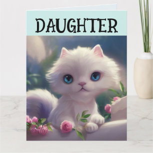 DAUGHTER CUTE WHITE CAT BIRTHDAY Greeting Card Kort