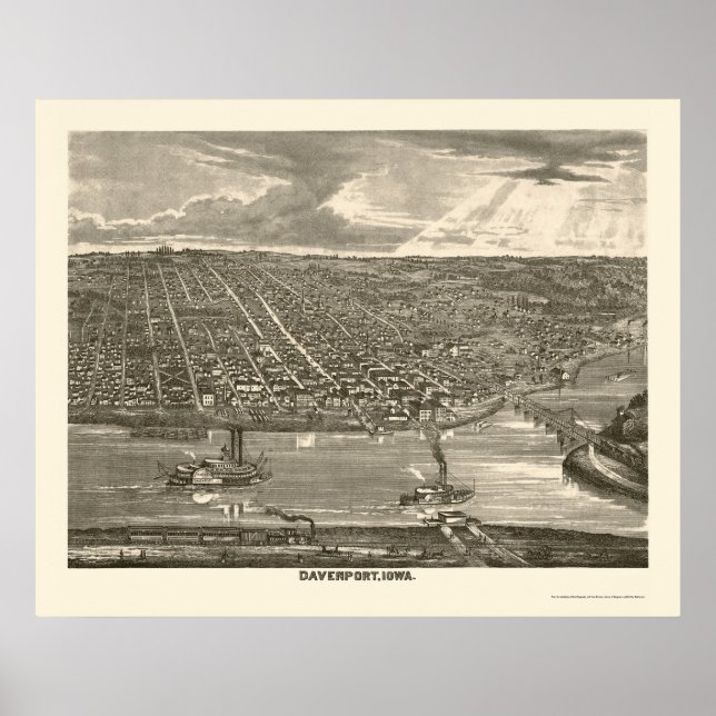 Davenport, IA Panoramic Karta - 1875a Poster (Framsidan)
