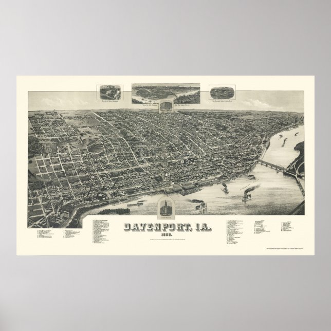 Davenport, IA Panoramic Karta - 1888 Poster (Framsidan)