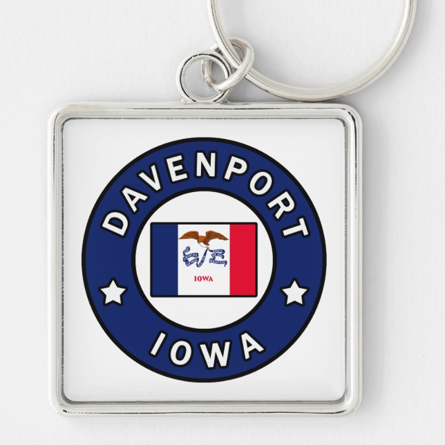 Davenport Iowa Fyrkantig Silverfärgad Nyckelring (Framsidan)
