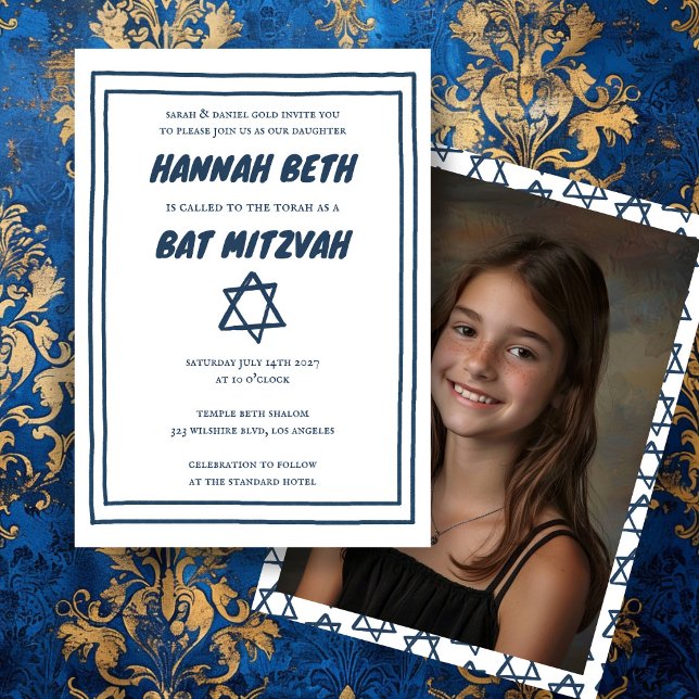 David Anpassningsbar Photo B'nai Fladdermus Pub Mi Inbjudningar (Star of David Custom Photo B'nai Bat Bar Mitzvah Invitation
Simple Minimalist Blue White)