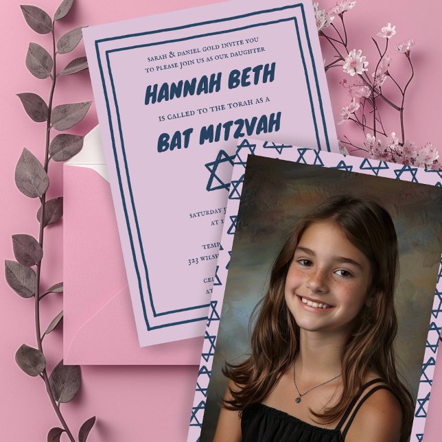 David Anpassningsbar Photo B'nai Fladdermus Pub Mi Inbjudningar (Star of David Custom Photo B'nai Bat Bar Mitzvah Invitation
Pink Simple Minimalist)