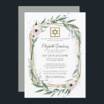 David bat mitzvah Modern Geometric Blommigt Star Inbjudningar<br><div class="desc">Konstruktionen består av fintvätt av blommigt,  botaniska ämnen och grönt grey löv foliage på en ren vit bakgrund. En underbar stjärna lägger till det geometriska ram. Finns här: http://www.zazzle.com/store/selectpartysupplies</div>
