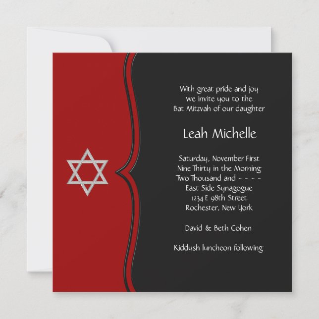 David Bat mitzvah Red Black Star Inbjudningar (Framsida)