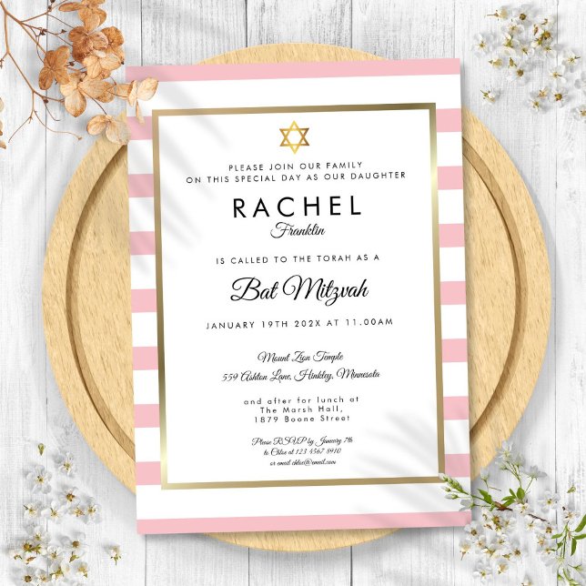 David bat mitzvah Rosa White Rand Guld Star Inbjudningar (Bat Mitzvah Pink White Stripe Gold Star of David Invitation)