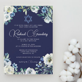 David Bat mitzvah Star av marinblå Blommigt Inbjudningar