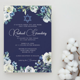 David Bat mitzvah Star av marinblå Blommigt Inbjudningar