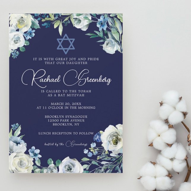 David Bat mitzvah Star av marinblå Blommigt Inbjudningar (Skapare uppladdad)