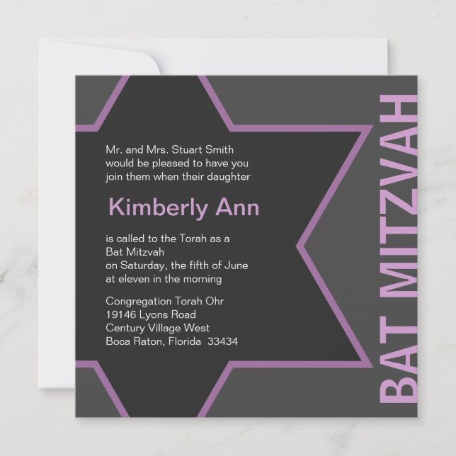 David Bat mitzvah stjärna - Grått och Rosa Inbjudningar (Framsida)