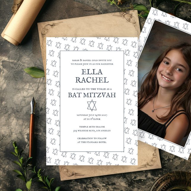 David B'nai Fladdermus Pub Mitzvah Anpassningsbar  Inbjudningar (Star of David B'nai Bat Bar Mitzvah Custom Photo Invitation Simple Minimalist Elegant)