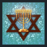 David Guld Menorahs stjärna på Teal Vines Art Prin Poster<br><div class="desc">Ram den här fantastiska konsten skriver ut och ge den som en gåva till nygifta,  en pub mitzvah eller en älskad. Magen David (David-stjärnan) har en gyllene menorah på en behärskad bakgrund av tealvinerna.</div>
