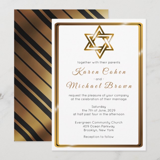 David Jewish Bröllop, Guld Star Inbjudningar (Fram/baksida)