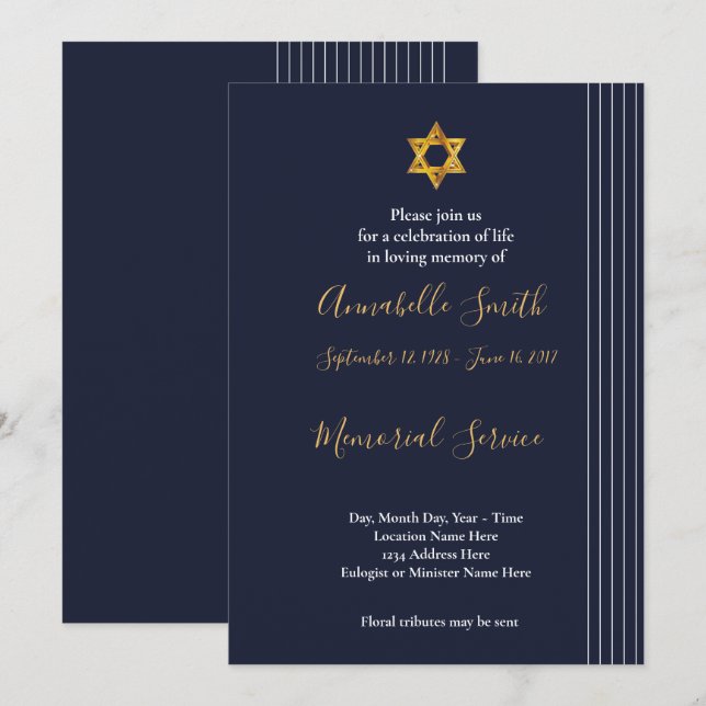 David Loving Minnes marinstjärna och Golden Star Inbjudningar (Fram/baksida)