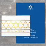 David Lycklig Hanukkah Techelet Blue Modern Folierat Kort<br><div class="desc">Skicka elegant Lycklig Hanukkah önskemål med ett modernt anpassningsbar-foto-vikt kort. Alla formuleringar i den här mallen är enkla att anpassa. Formgivningen av teheletblått,  vitt och guld har en geometrisk stjärna av David-design och minimalistisk vintage-konsthändelse dekotypografi. Familj och vänner kommer att visa snyggtens anpassade helgdag-kort i kärlek.</div>