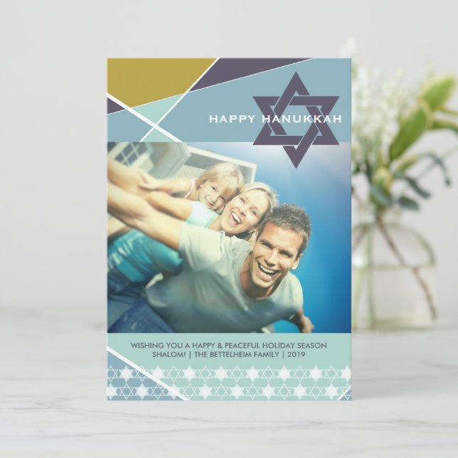 David Photo Hanukkah, blå stjärna i Geometric Linj Julkort (Stående Fram)