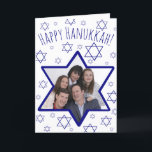David Photo Ram Hanukkah, stjärnan för Festive Rol Helgkort<br><div class="desc">Det här kortet för roligt är ett underbart sätt att önska dina vänner och familj en Lycklig Hanukkah. En snygg design med en David-stjärna som är ett foto-ram där du kan ladda upp ett bild. Bakgrunden är en spridning av små stjärnor från David som liknar snöflingor. Kreativet kan säga Lycklig...</div>