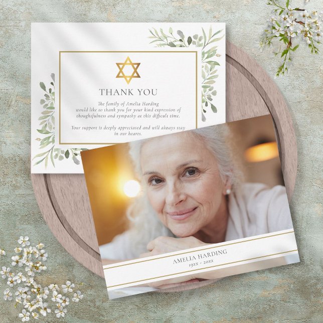 David Photos judiska begravningsstjärna i Guld Tack Kort (Jewish Funeral Foliage Gold Star Of David Photo Thank You Card)