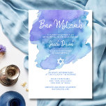 David PUB MITZVAH, Modern Blue Watercolor Star Inbjudningar<br><div class="desc">Vackra religiösor judiska Fladdermus (eller Pub) Mitzvah-inbjudningskort. Lätt vattenfärgsblått och lätt lila med David-stjärnan i vitt. Modern manus brev. "Kallas till TORAH som Pub Mitzvah". Prefekt för 13 år gammal son. Enkel att redigera - lägg bara till information/text.</div>