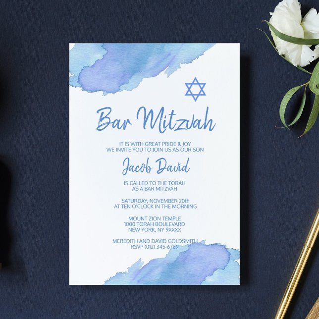 David PUB MITZVAH, Modern Blue Watercolor Star Inbjudningar (Skapare uppladdad)