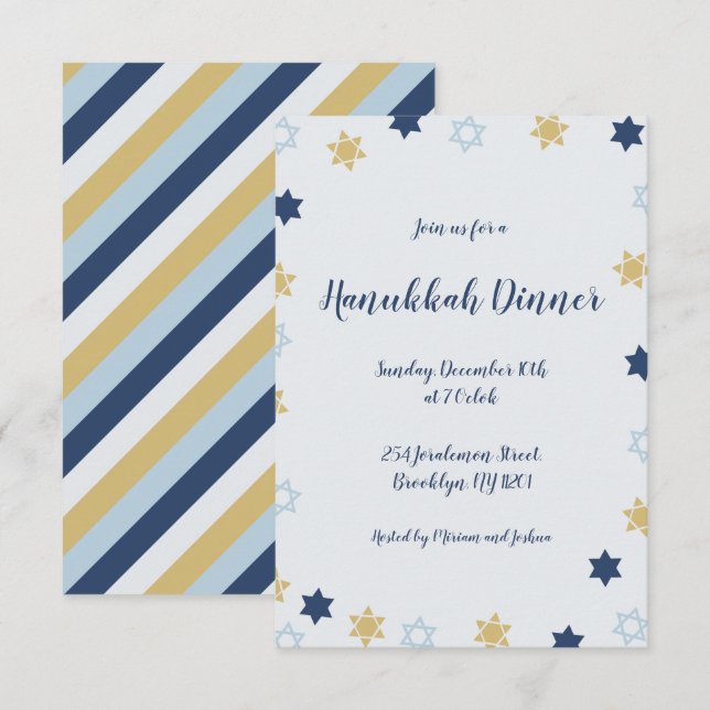 David stjärna | Blå och Guld Hanukkah Middag Inbjudningar (Fram/baksida)