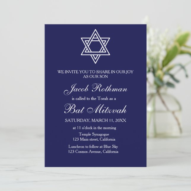 Davidstjärna Elegant Enkel Blå Bat Mitzvah Inbjudningar (Stående Fram)