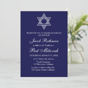 Davidstjärna Elegant Enkel Blå Bat Mitzvah Inbjudningar