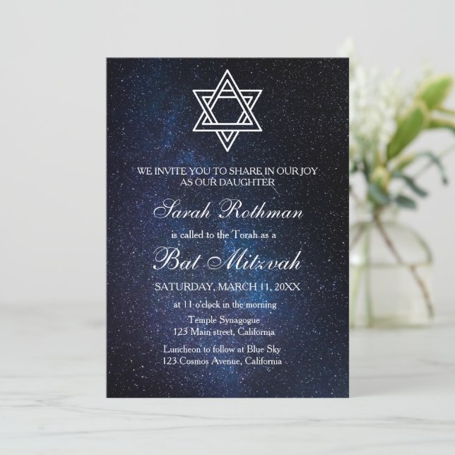 Davidstjärna Elegant Enkel Blå Bat Mitzvah Inbjudningar (Stående Fram)