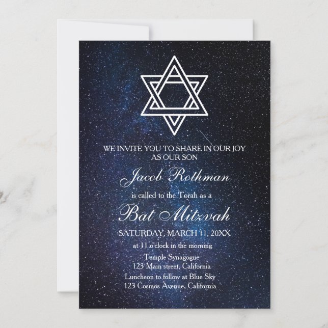 Davidstjärna Elegant Enkel Blå Bat Mitzvah Inbjudningar (Framsida)