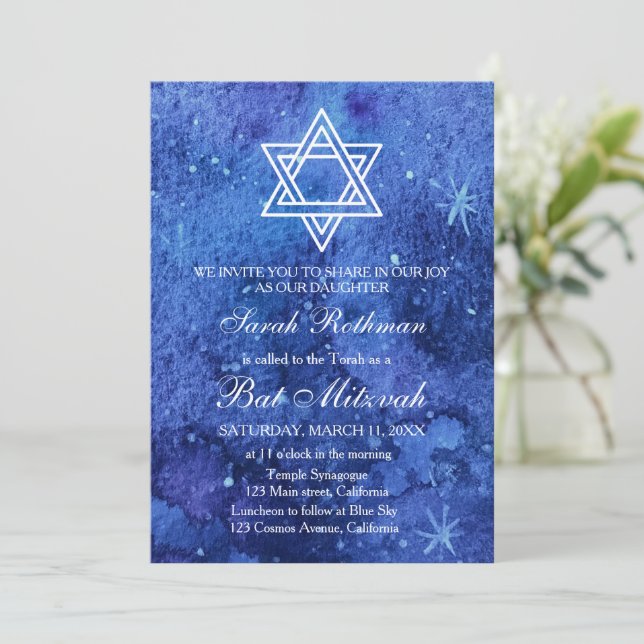 Davidstjärna Elegant Enkel Blå Bat Mitzvah Inbjudningar (Stående Fram)