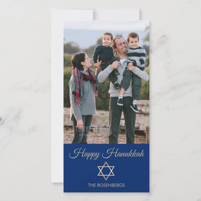 Davidstjärna Glad Hanukkah Blå Familjefoto Julkort (Framsida)