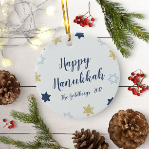 Davidstjärna Söt Hanukkah Blå och Guld Julgransprydnad Keramik