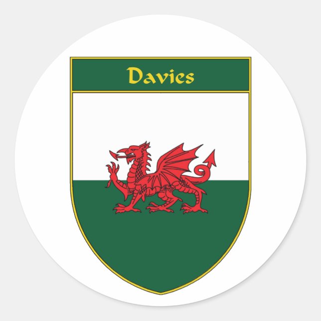 Davies Welsh Flagga Shield Runt Klistermärke (Framsida)