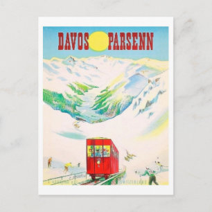 Davos Parsenn järnväg, röd tåg, vintage resor Vykort