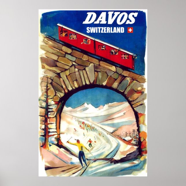 Davos, röd linbana på bron, Schweiz Poster (Framsidan)