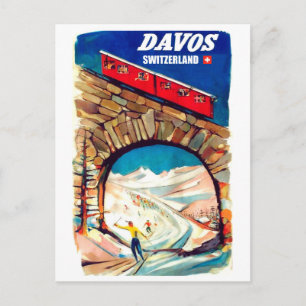 Davos, röd linbana på bron, Schweiz Vykort