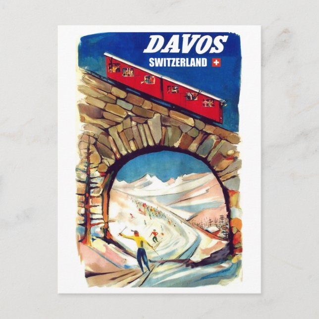 Davos, röd linbana på bron, Schweiz Vykort (Framsida)