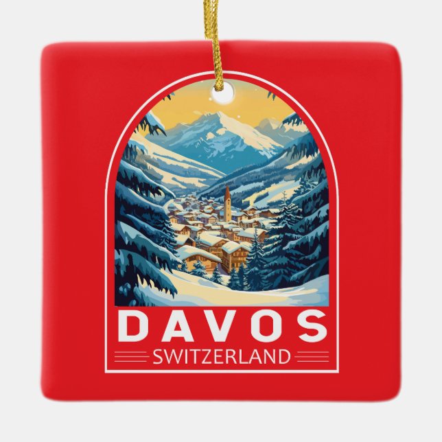 Davos Schweiz Travel Art Emblem Julgransprydnad Keramik (Framsida)