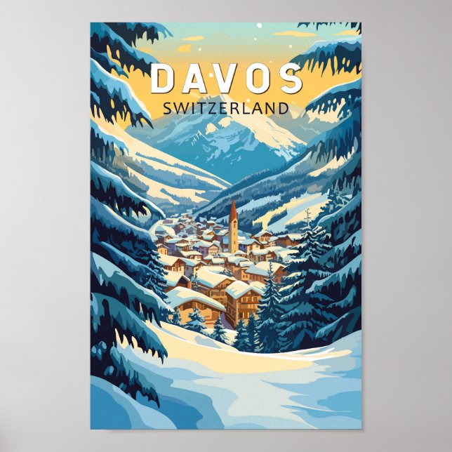 Davos Schweiz Travel Art Vintage Poster (Framsidan)