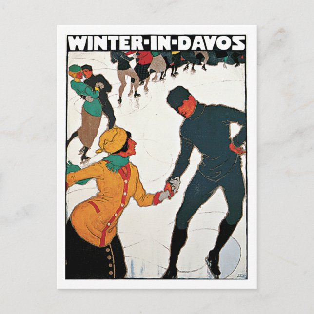 Davos Schweiz Winter Vintage Vykort (Framsida)