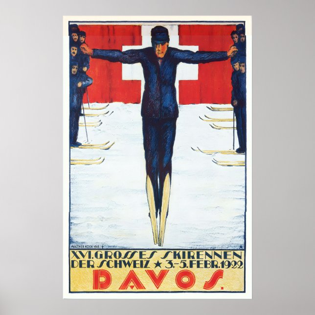 Davos skidlingback Schweiz Vintage skidplakat Poster (Framsidan)